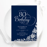 Simple Elegant 80th Birthday Navy Silver Roses Invitation<br><div class="desc">Simple elegant 80th birthday party invitation in navy and silver. Classy design featuring roses, faux silver foil and typography script font. Trendy invite card perfect for a stylish female bday celebration. Personalize with your own details. Can be customized to any age. Printed Zazzle invitations or instant download digital printable template....</div>