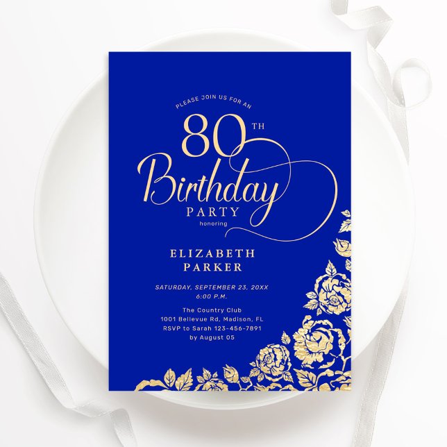 Simple Elegant 80th Birthday Royal Blue Gold Roses Invitation (Creator Uploaded)