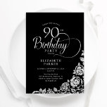 Simple Elegant 90th Birthday Black Silver Roses Invitation<br><div class="desc">Simple elegant 90th birthday party invitation in black and silver. Classy design featuring roses, faux silver foil and typography script font. Trendy invite card perfect for a stylish female bday celebration. Personalize with your own details. Can be customized to any age. Printed Zazzle invitations or instant download digital printable template....</div>