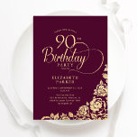 Simple Elegant 90th Birthday Burgundy Gold Invitation<br><div class="desc">Simple elegant 90th birthday party invitation in burgundy and gold. Classy design featuring roses, faux gold foil and typography script font. Trendy invite card perfect for a stylish female bday celebration. Personalize with your own details. Can be customized to any age. Printed Zazzle invitations or instant download digital printable template....</div>