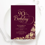 Simple Elegant 90th Birthday Burgundy Gold Invitation<br><div class="desc">Simple elegant 90th birthday party invitation in burgundy and gold. Classy design featuring roses, faux gold foil and typography script font. Trendy invite card perfect for a stylish female bday celebration. Personalize with your own details. Can be customized to any age. Printed Zazzle invitations or instant download digital printable template....</div>