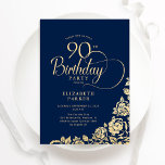 Simple Elegant 90th Birthday Navy Gold Roses Invitation<br><div class="desc">Simple elegant 90th birthday party invitation in navy and gold. Classy design featuring roses, faux gold foil and typography script font. Trendy invite card perfect for a stylish female bday celebration. Personalize with your own details. Can be customized to any age. Printed Zazzle invitations or instant download digital printable template....</div>