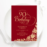 Simple Elegant 90th Birthday Red Gold Roses Invitation<br><div class="desc">Simple elegant 90th birthday party invitation in red and gold. Classy design featuring roses, faux gold foil and typography script font. Trendy invite card perfect for a stylish female bday celebration. Personalize with your own details. Can be customized to any age. Printed Zazzle invitations or instant download digital printable template....</div>