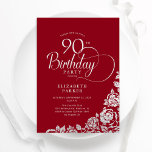 Simple Elegant 90th Birthday Red Silver Roses Invitation<br><div class="desc">Simple elegant 90th birthday red invitation in black and silver. Classy design featuring roses, faux silver foil and typography script font. Trendy invite card perfect for a stylish female bday celebration. Personalize with your own details. Can be customized to any age. Printed Zazzle invitations or instant download digital printable template....</div>