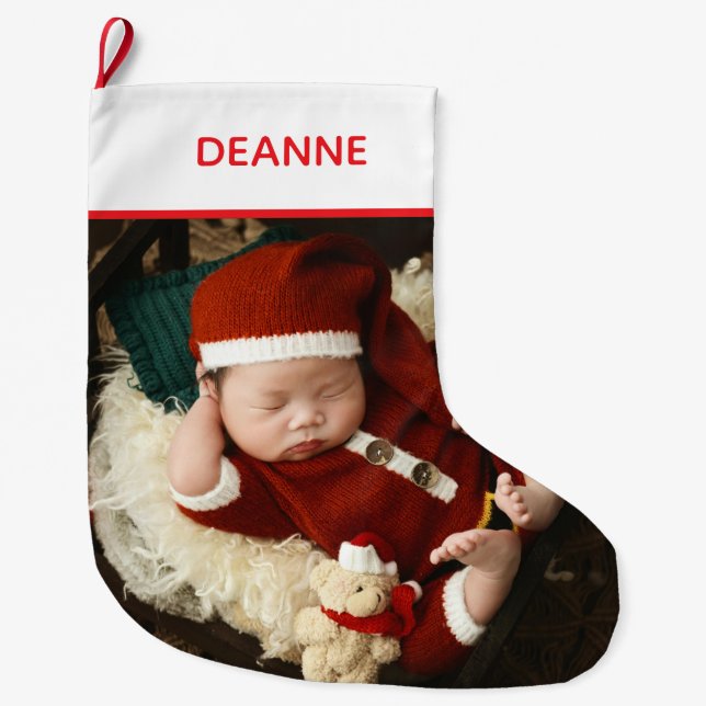 Simple Elegant Baby's First Christmas 1 Photo Large Christmas Stocking (Front)