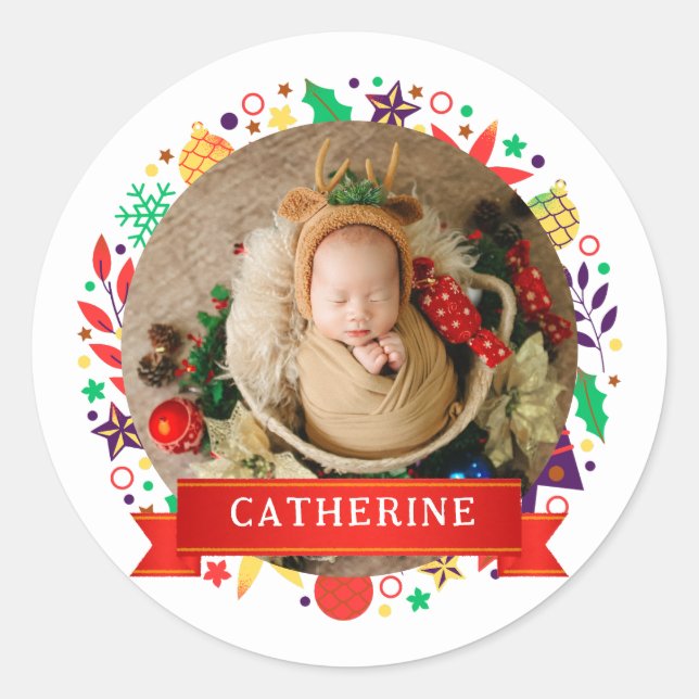 Simple Elegant Baby's First Christmas Custom Name  Classic Round Sticker (Front)