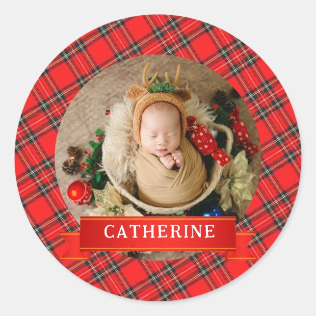 Simple Elegant Baby's First Christmas Custom Name  Classic Round Sticker (Front)