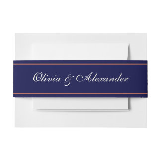 Simple Elegant Banded Navy Blue Script Couple Name Invitation Belly Band