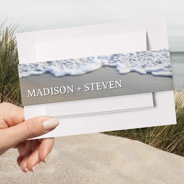 Simple Elegant Beach Wedding Invitation Belly Band (Elegant wedding invitation belly band featuring a painting of waves on the beach.)