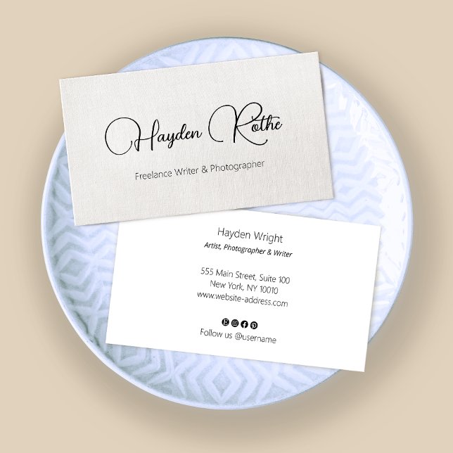 Simple Elegant Beige Linen Signature Script  Business Card (Creator Uploaded)