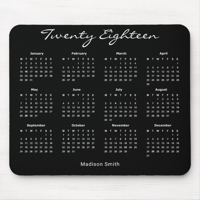 Simple Elegant Black 2018 Calendar Mouse Pad (Front)