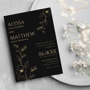 Simple elegant black and gold floral wedding  invitation