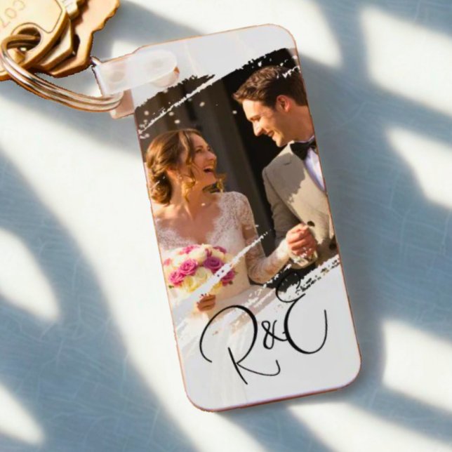 Simple Elegant Black and White 2 Photo Keepsake Keychain (Creator Uploaded)