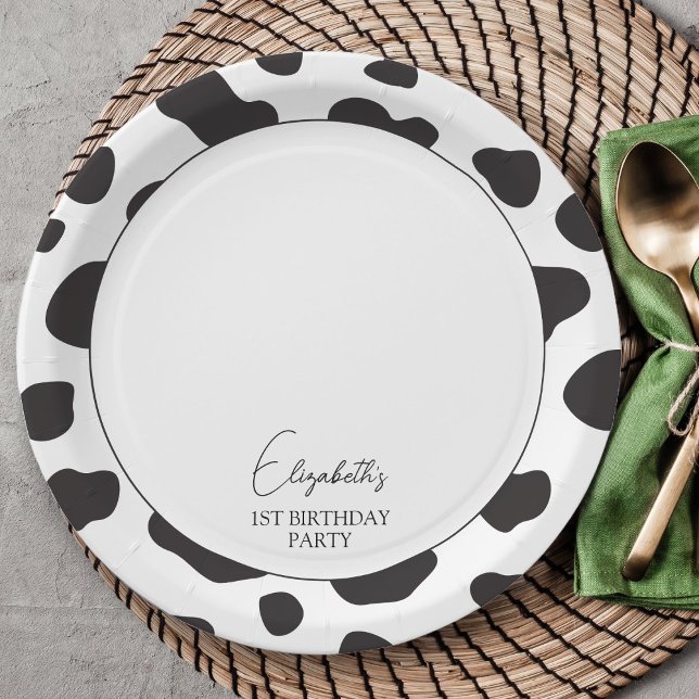 Simple Elegant Black and White Cow Birthday Party Paper Plate (Creator Uploaded)