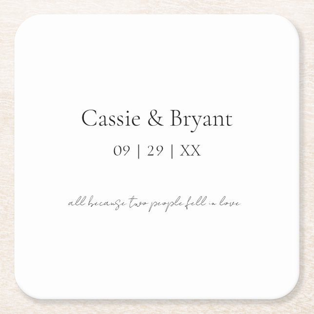 Simple Elegant Black and White Minimalist Wedding Square Paper Coaster (Front)
