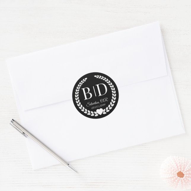 Simple Elegant Black and White Monogram Classic Round Sticker (Envelope)