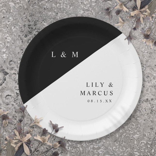 Simple Elegant Black And White Monogram Wedding Paper Plate (Simple Elegant Black And White Monogram Wedding Paper Plates)