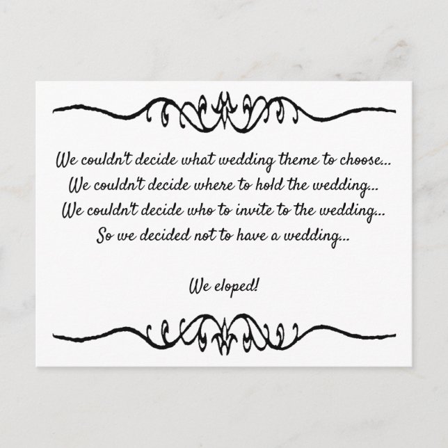 Simple Elegant Black and White We Eloped Announcement Postcard (Front)