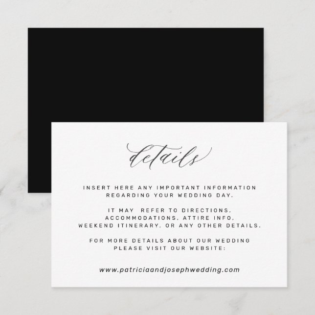 Simple elegant black and white wedding details enc enclosure card (Front/Back)
