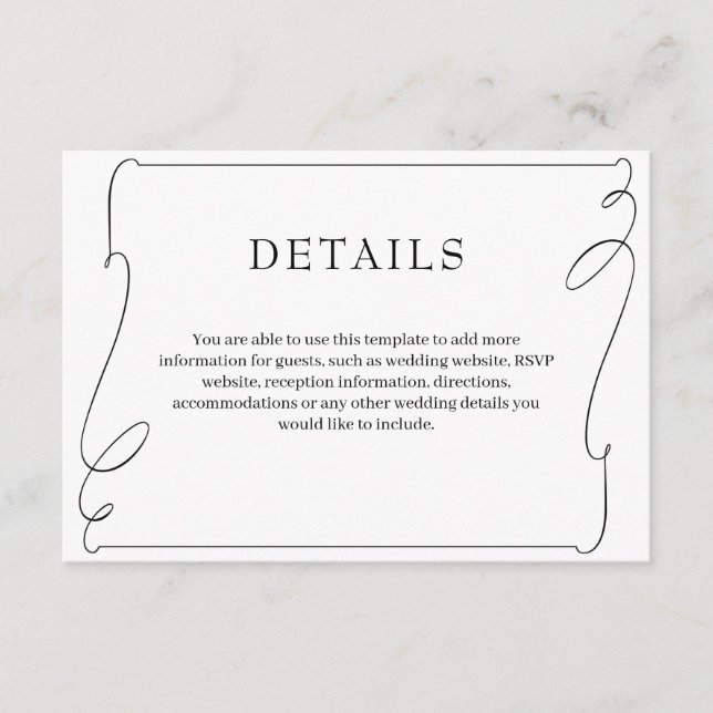 Simple Elegant Black And White Wedding Details Enclosure Card (Front)