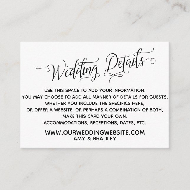 Simple, Elegant Black and White Wedding Details Enclosure Card (Front)