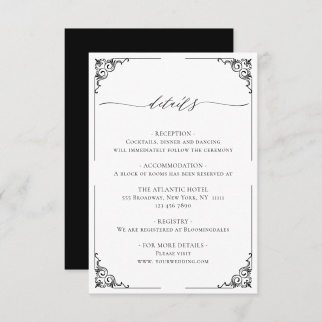 Simple Elegant Black And White Wedding Details Enclosure Card (Front/Back)
