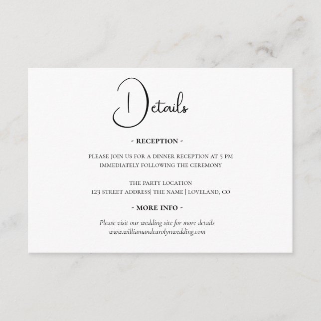 Simple Elegant Black and White Wedding Details Enclosure Card (Front)