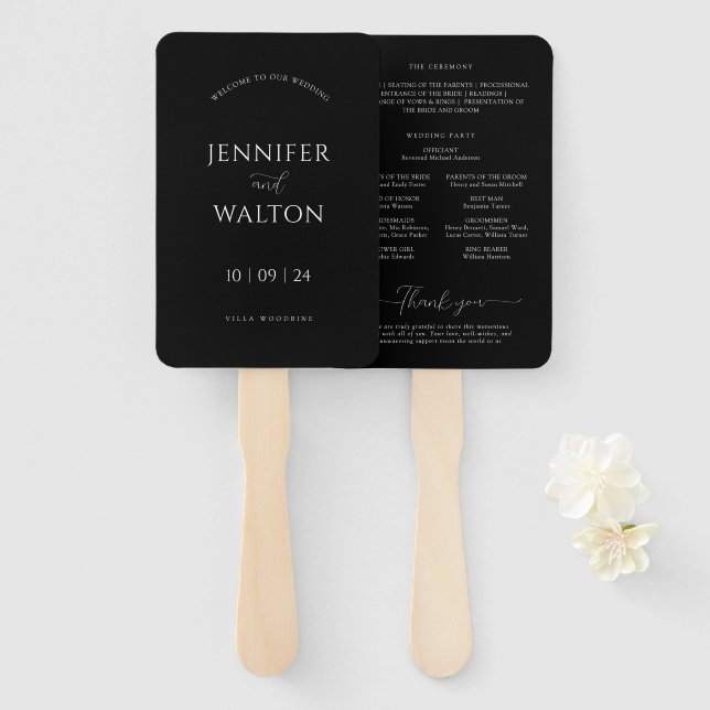 Simple Elegant black and white wedding Hand Fan (Front and Back)