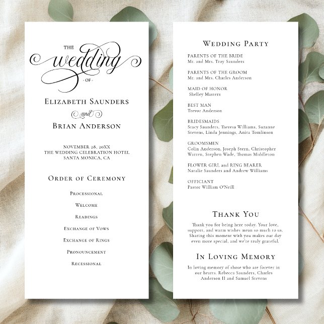 Simple Elegant Black and White Wedding Program (Simple Elegant Minimalistic Black and White Wedding Program with Order of Ceremony, Wedding Party.)