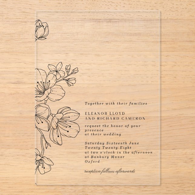 Simple Elegant Black Blossom Floral Wedding Acrylic Invitations (Front)