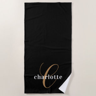 Simple Elegant Black Gold Monogram  Beach Towel