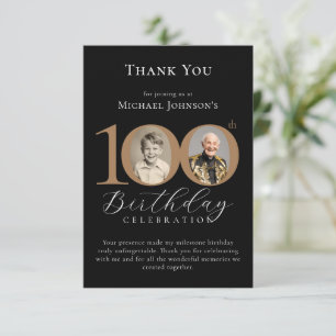 Simple Elegant Black Gold Photo 100th Birthday Thank You Card