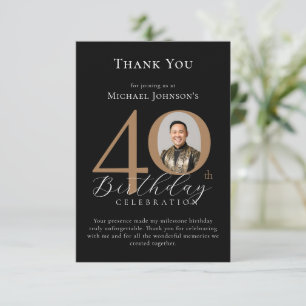 Simple Elegant Black Gold Photo 40th Birthday Thank You Card