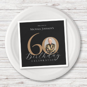 Simple Elegant Black Gold Photo 60th Birthday Napkin