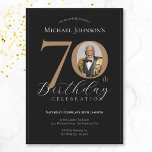 Simple Elegant Black Gold Photo 70th Birthday Invitation<br><div class="desc">Simple Elegant Black Gold Photo 80th Birthday Invitation. Celebrate a milestone birthday with our Black and Gold Simple Elegant invitation, perfect for adding a touch of sophistication to your special day. This customizable design features a sleek black background adorned with elegant gold accents, creating a timeless and classy look. Personalize...</div>