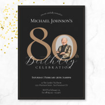 Simple Elegant Black Gold Photo 80th Birthday