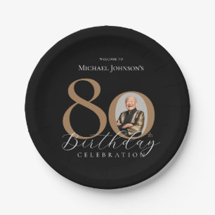 Simple Elegant Black Gold Photo 80th Birthday Paper Plate
