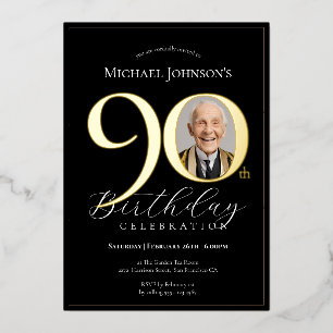 Simple Elegant Black Gold Photo 90th Birthday