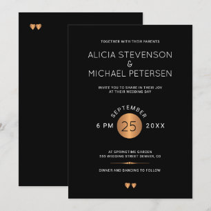 Simple elegant black metallic copper gold wedding invitation