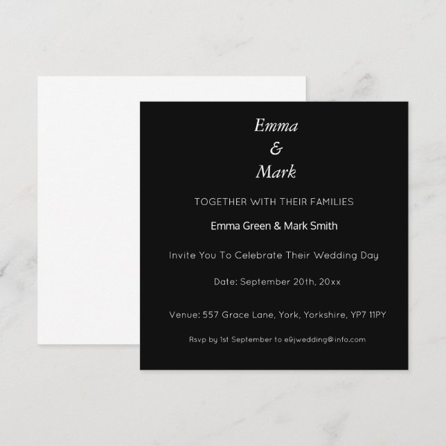 Simple Elegant Black Modern Wedding Square Invitation (Front/Back)