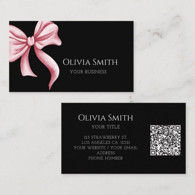 Simple Elegant Black Pink Bow QR Code Business Card (Front/Back)