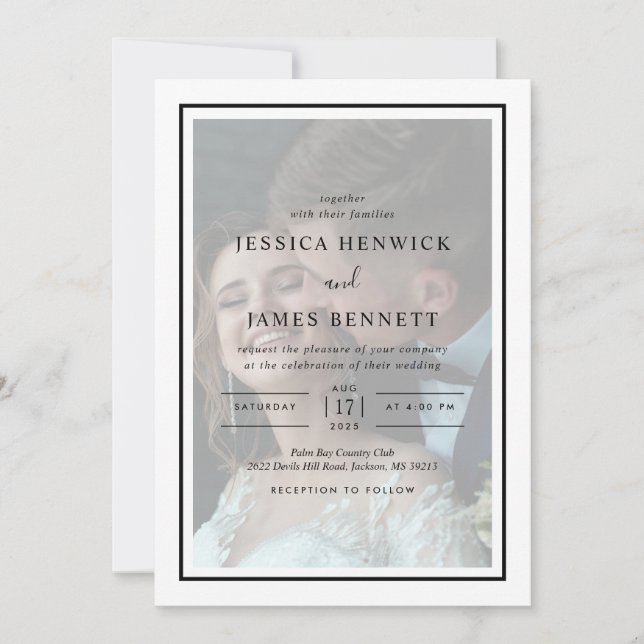 Simple Elegant Black Script Photo Overlay Wedding Invitation (Front)