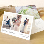 Simple Elegant Black Text Photo Collage Wedding  Thank You Card<br><div class="desc">This simply chic three photo collage wedding thank you card template features an elegant, minimalist, modern design. The front features your first names and date under your photos and a 'LOVE and THANKS' message conveyed with a striking blend of two distinct fonts, with 'and' in a light, flowing script between...</div>