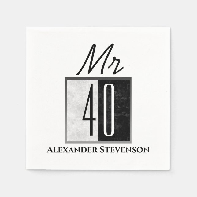 Simple Elegant Black & White 40th Birthday Party Napkin (Front)