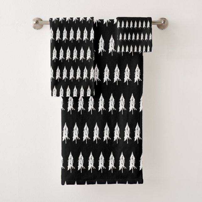 Simple Elegant Black & White Evergreen Trees Bath Towel Set (Insitu)