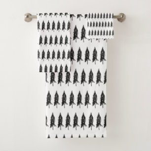 Simple Elegant Black & White Evergreen Trees Bath Towel Set