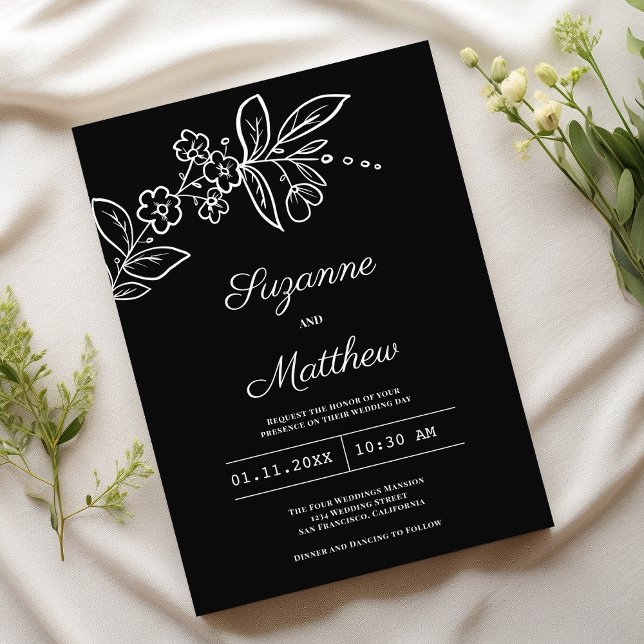 Simple elegant black white floral wedding invitation (Simple elegant black white floral wedding)