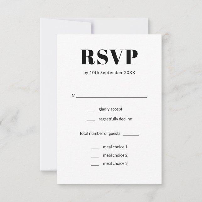 Simple Elegant Black & White Meal Choice Wedding RSVP Card (Front)