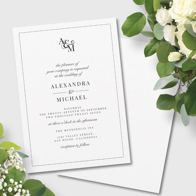 Simple Elegant Black White Modern Monogram Wedding Invitation (Creator Uploaded)