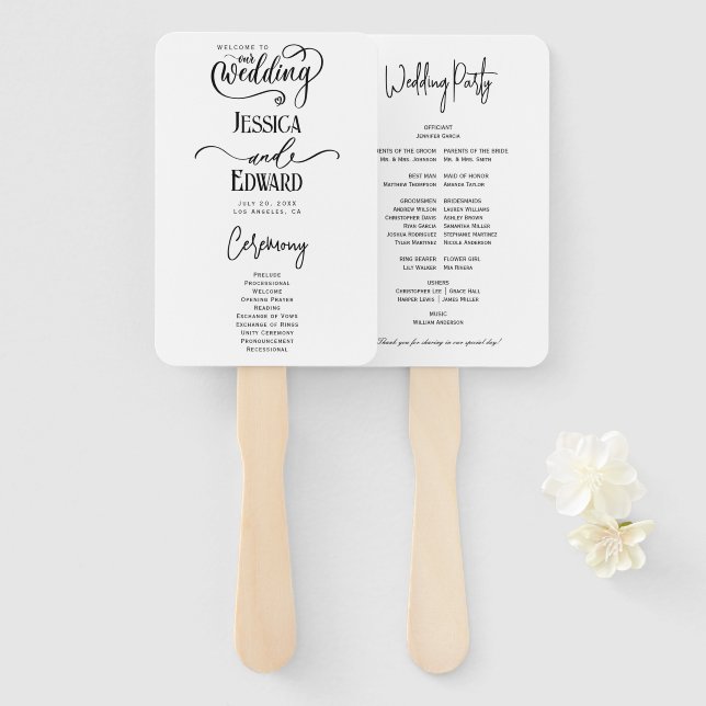 Simple Elegant Black White Modern Wedding Program Hand Fan (Front and Back)